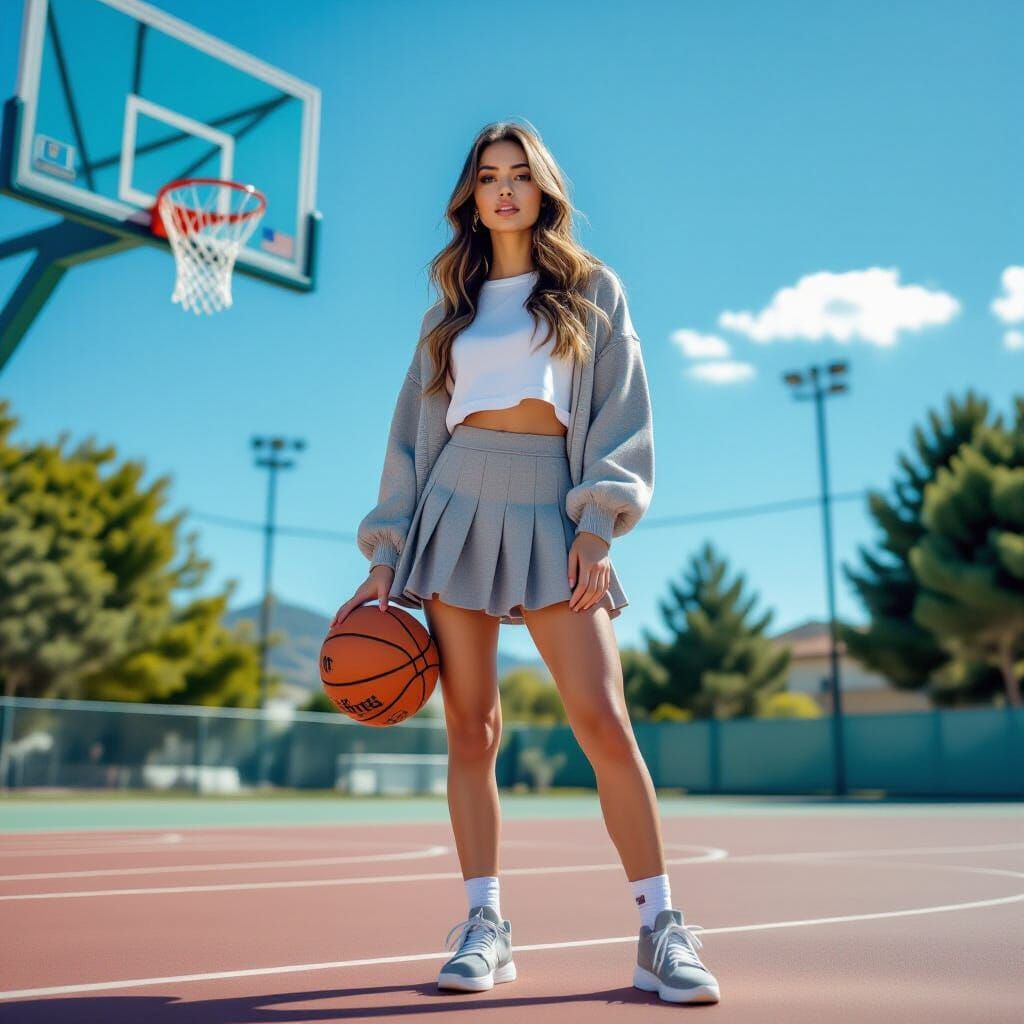 Young Woman Poses Confidently on Basketball Court