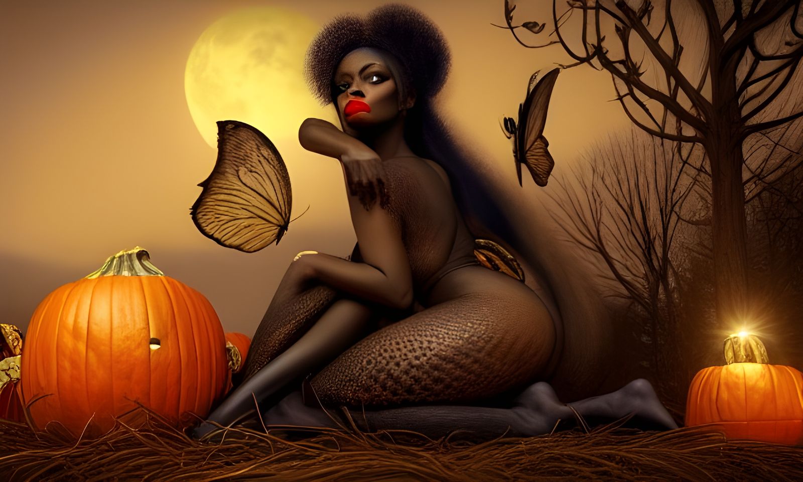 Detailed Black Fairy on Pumpkin Pile