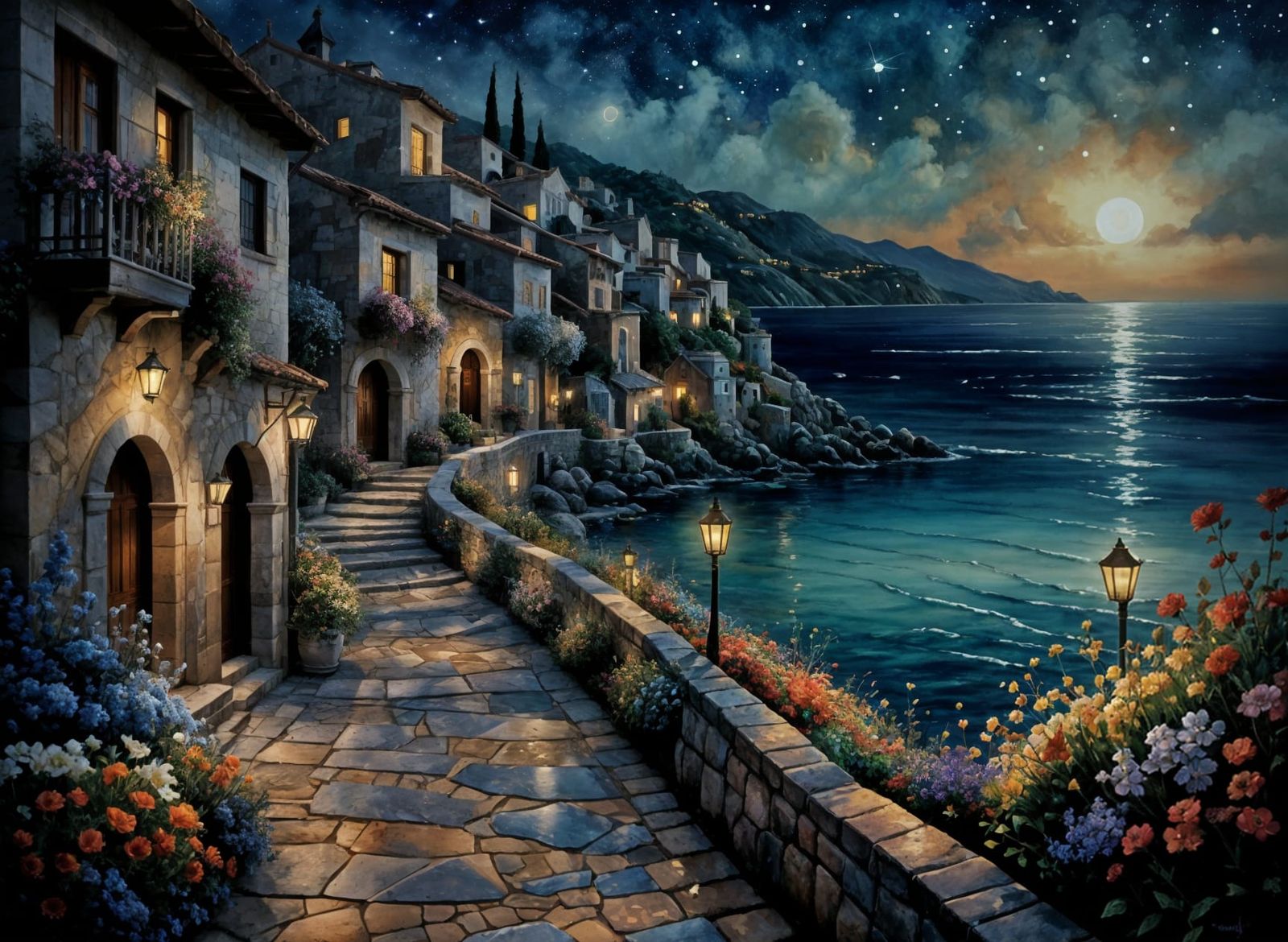 Mediterranean Village at Nightfall in Watercolor Style