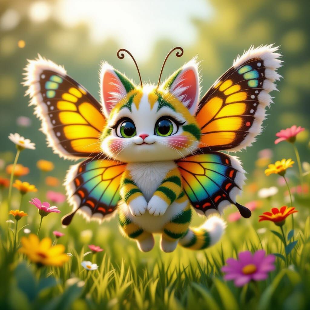 Charming Cat-Butterfly Hybrid in a Flower Meadow