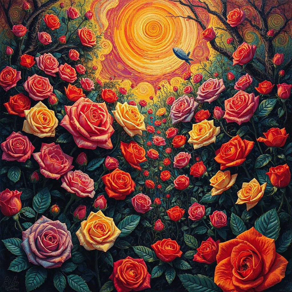 Psychedelic Garden with Ominous Surrealist Roses