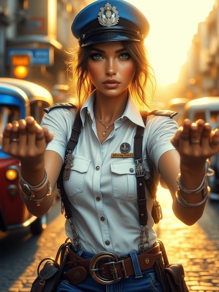 Stern Thai Traffic Cop Directs Bangkok Traffic at Golden Hou...