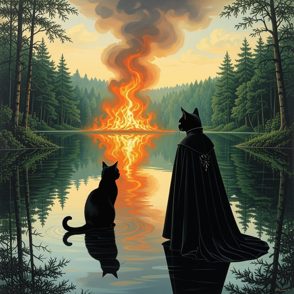 Black Cat's Fiery Reflection: Surrealist Dreamscape