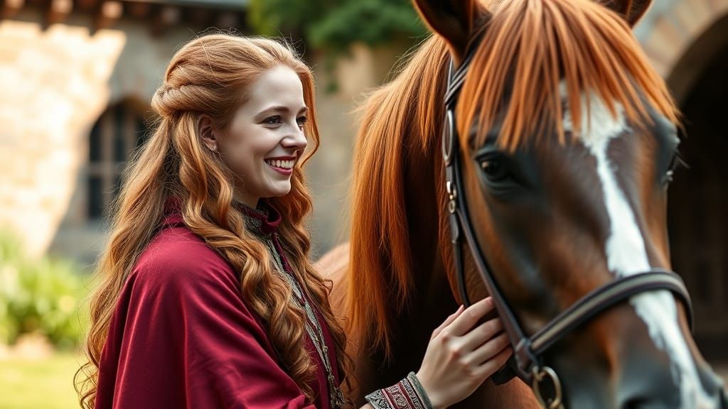 Medieval Princess with Horse in Courtyard