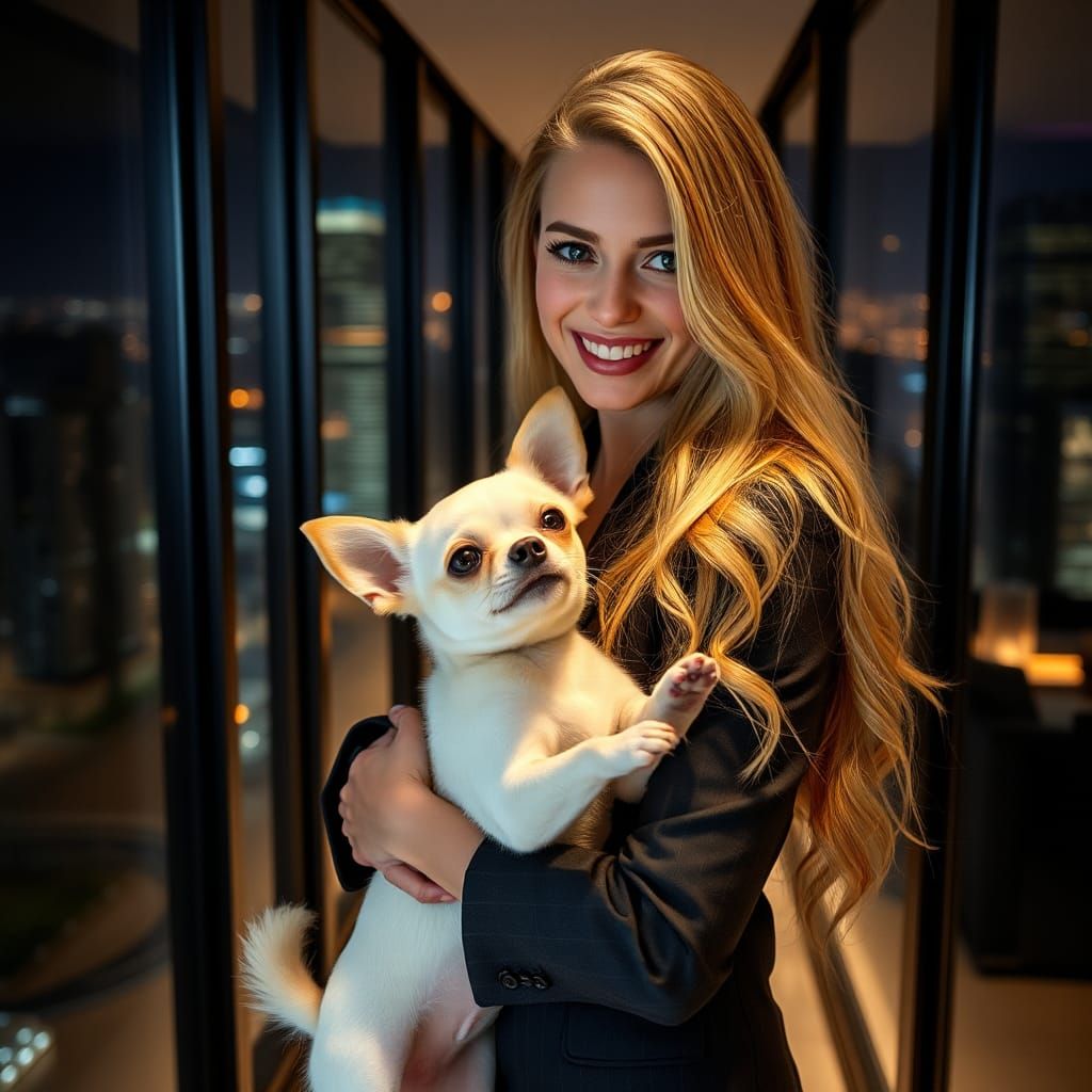 Woman and Chihuahua in Modern Apartment, Cinematic Style