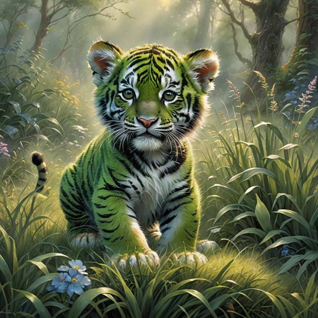 Green Tiger Cub in Ethereal Fantasy Landscape