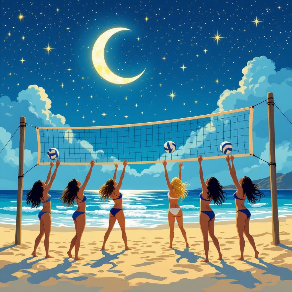 Fantasy Volleyball Game Under the Moon
