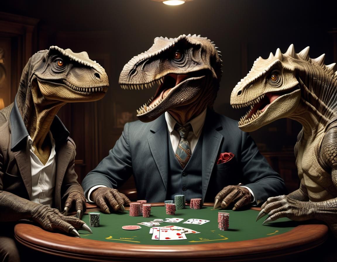T-Rex and Friends Play Poker in a Whimsical, Surreal Scene