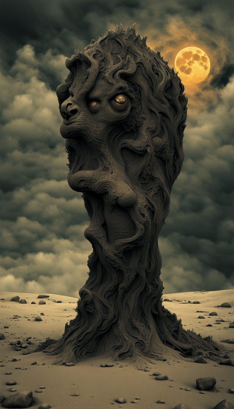 Mad God Sculpture on Dying Planet in Beksiński Style