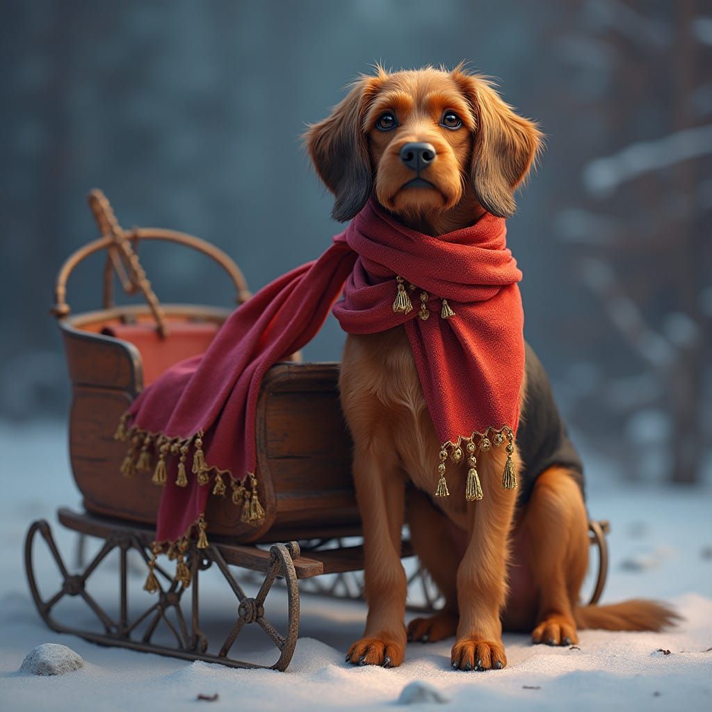 Chestnut Dash Hound Dog with Vintage Sled in Whimsical Setti...