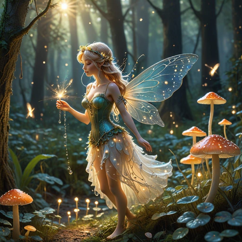 Enchanting Fairy Tending Glowing Mushrooms in Sun-Dappled Gl...