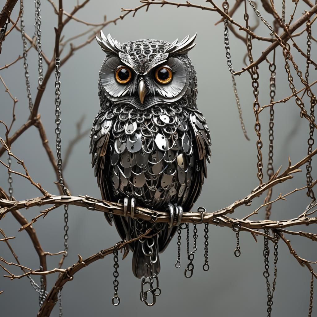 Metallic Chain Owl on Branch