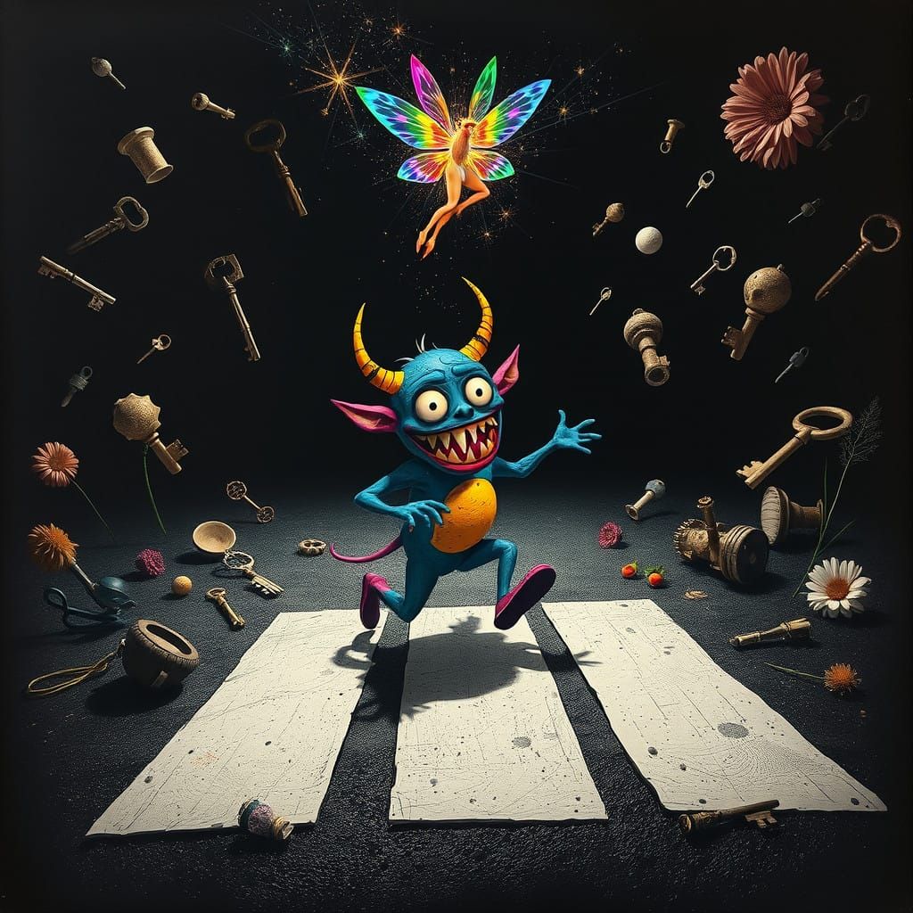 Whimsical Monster Demon Plays Hopscotch in Vibrant, Surreal....