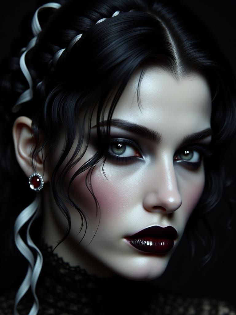 Gothic Goddess with Dark Beauty and Dramatic Hair