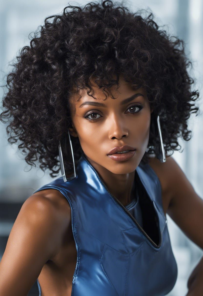 Ethereal Afro Haired Woman in Cyberpunk 2099 Setting
