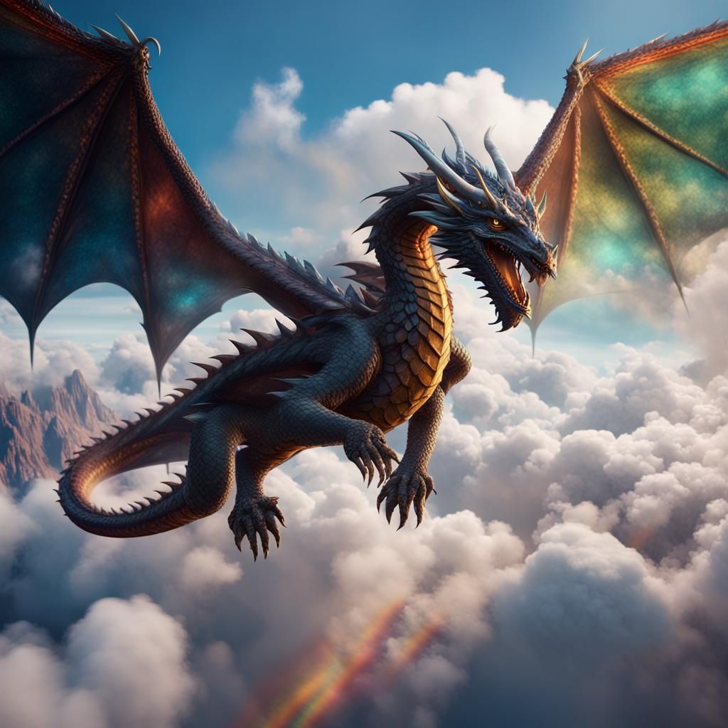 Prismatic Dragon Flying Among Clouds