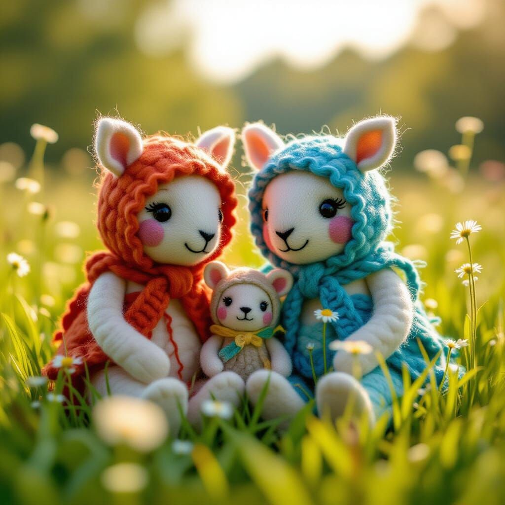 Detailed Felted Figures in a Lush Meadow