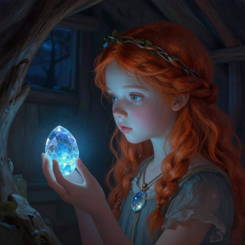 Ethereal Girl with Glowing Blue Crystal