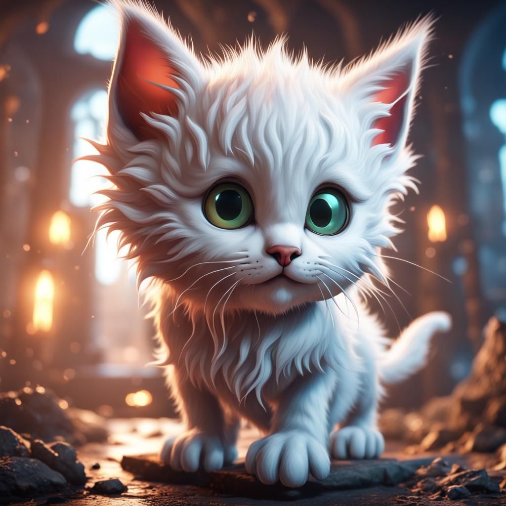 Scared White Kitten in Detailed Matte Painting