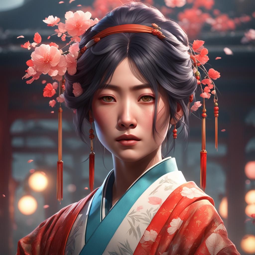 Detailed Portrait of Japanese Woman in Art Nouveau Style