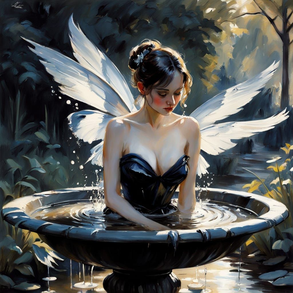 "Tiny Fairy with Finch Wings playing in a bird bath", macro ...