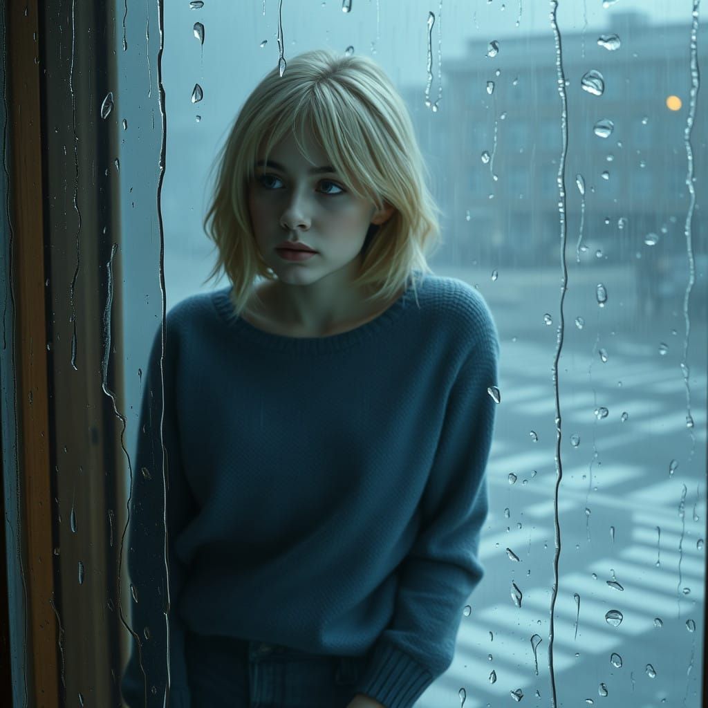 Mysterious Woman Contemplates Rainy Day in Ethereal Light