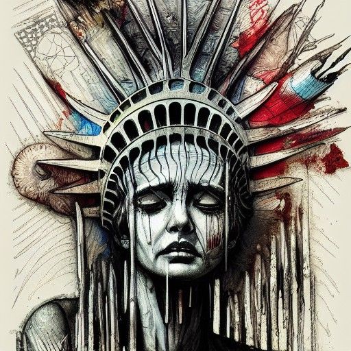 Lady Liberty Crying Blood: Detailed Mixed Media Art