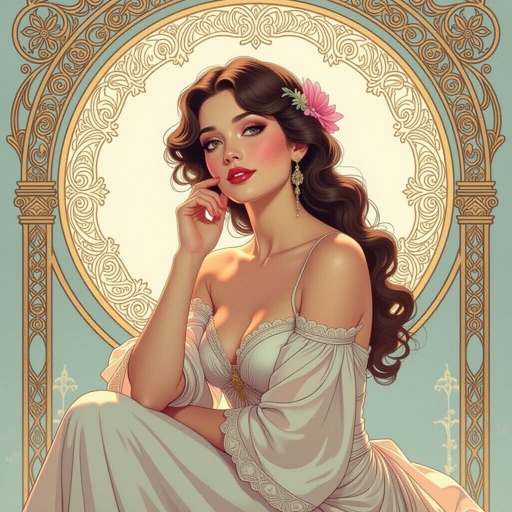 Elegant Woman in Soft Pastels, Ornate Art Nouveau Style