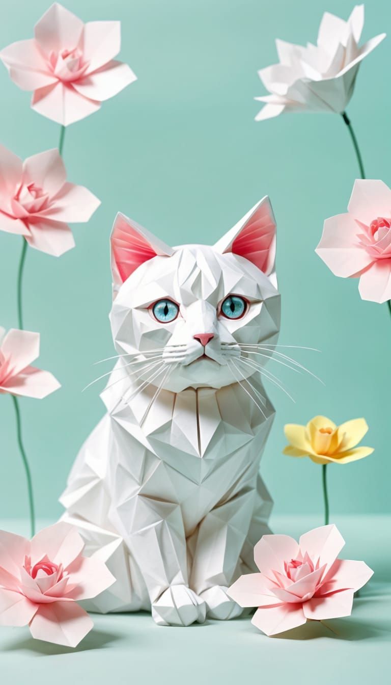 Origami Cat and Flower in Minimalist Style