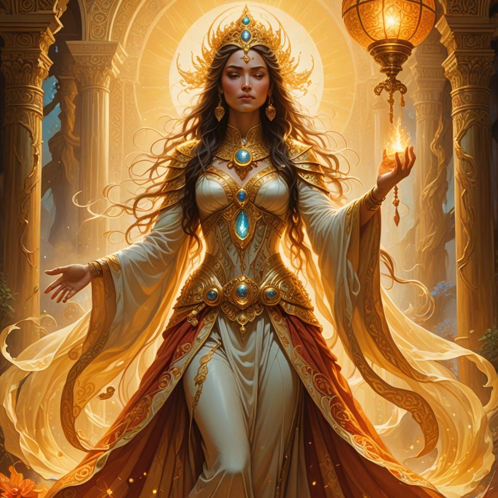 Goddess of Light Enters Shrine in Vibrant Fantasy Art
