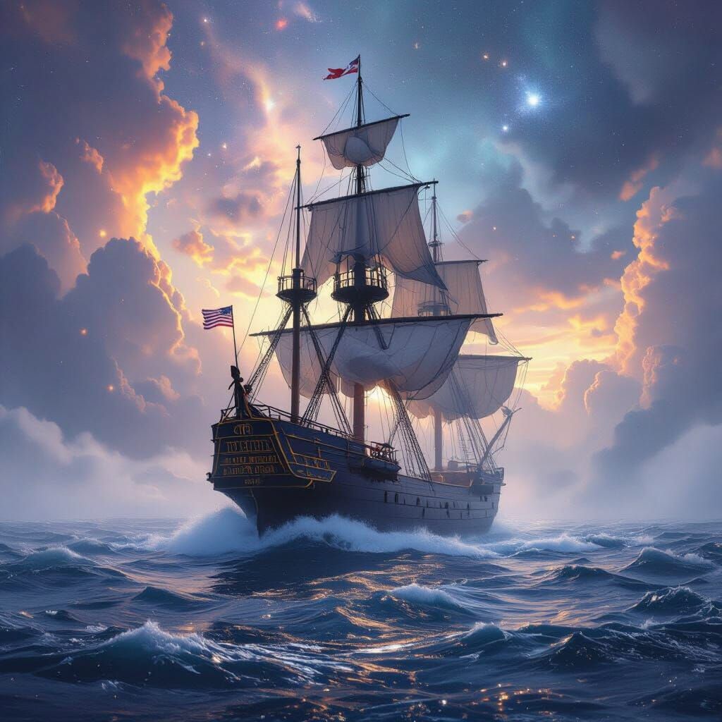 USS Constitution in Fantastical Ocean Under Cosmic Sky