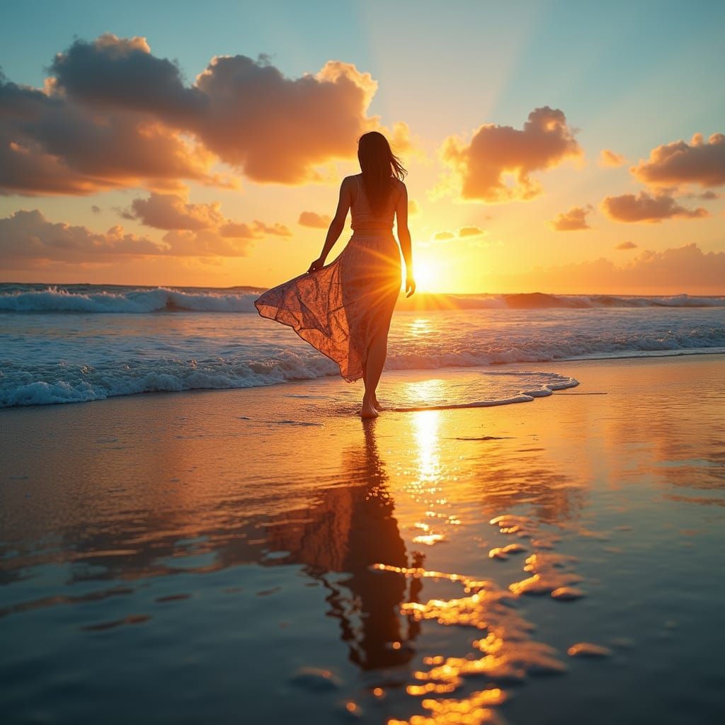 Maximalist Double Exposure: Lady on Shore at Sunset