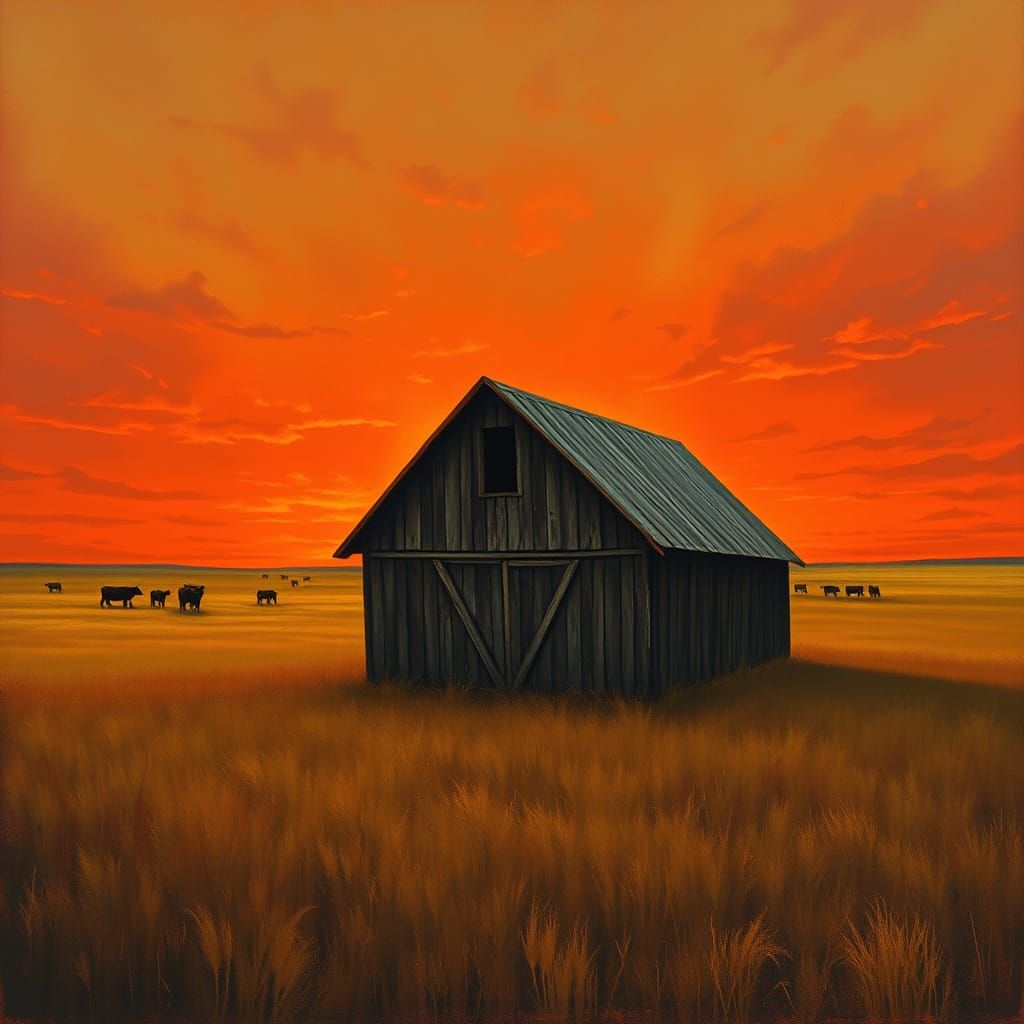 Farmland Barn at Sunset in Realistic Style