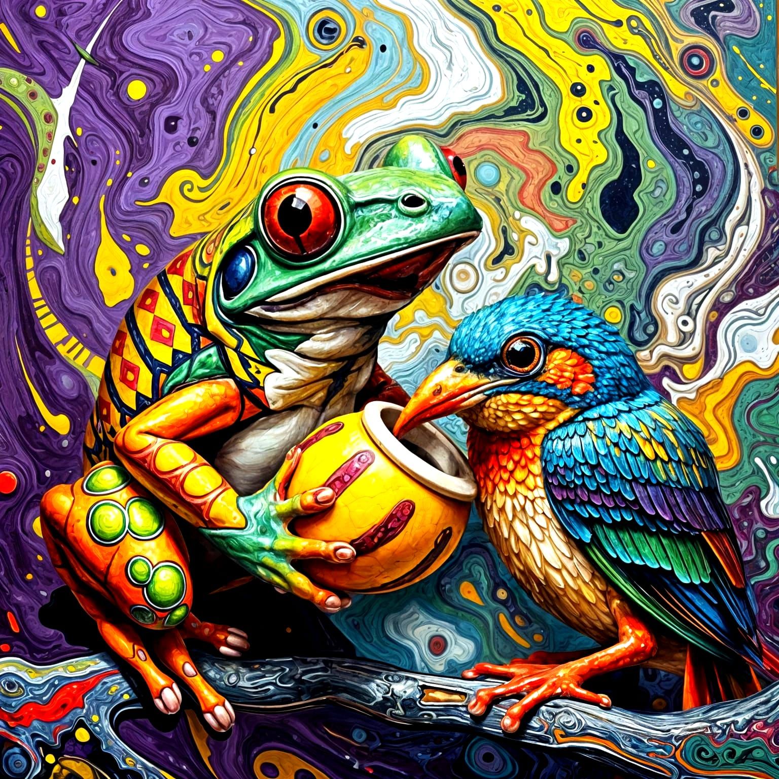 Frog and Bird Share Carambola: Impasto Geometric Art