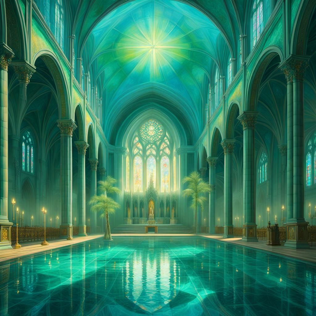 Ethereal Pool in Gothic Church, Surrealist Concept Art
