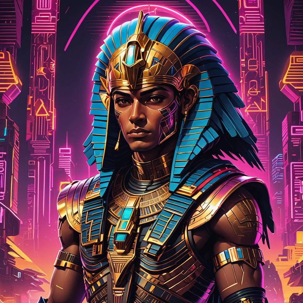 Cybertech Egyptian Warrior in Synthwave Neon Portrait