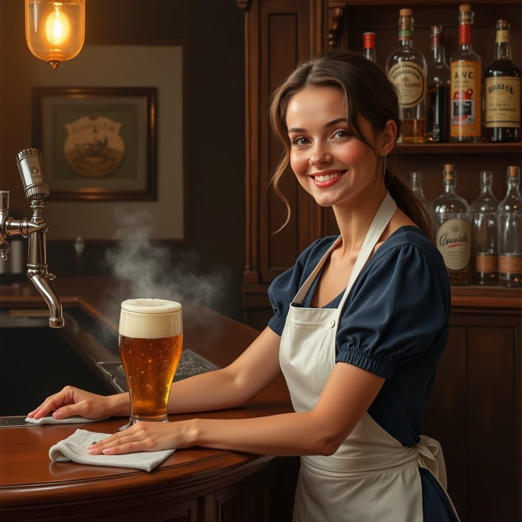 Friendly Barmaid in Warmly Lit Tavern