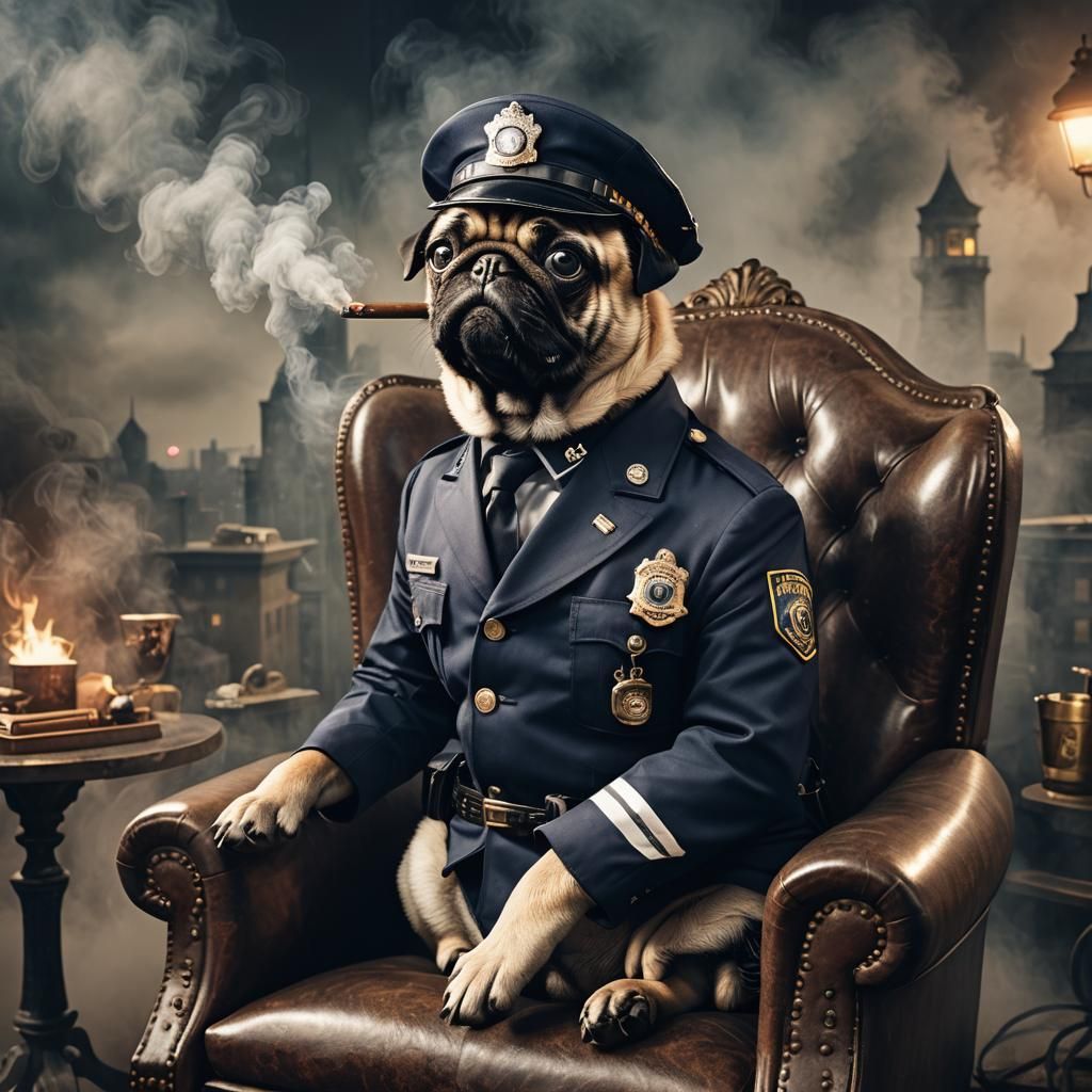 Pug Detective in Foggy Cityscape, Cinematic Lighting