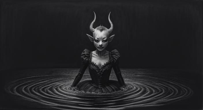 Monochrome Ballerina Demon in Creepy Room: Charcoal Drawing