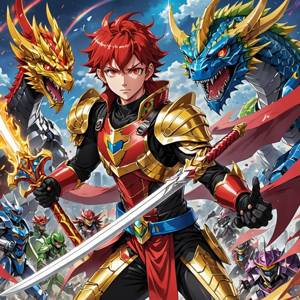 Anime Boy with Rainbow Dragon Armor and Scimitar