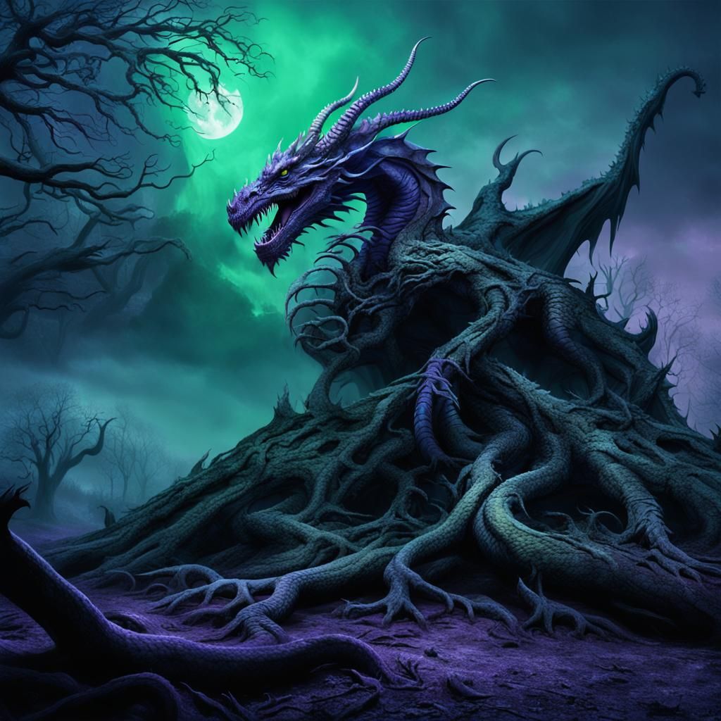 Cursed Dragon in Ruined Landscape, Dark Fantasy