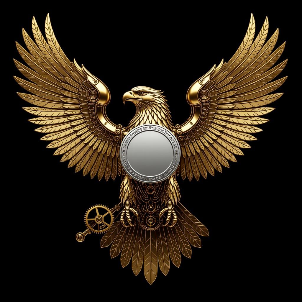 Gold Mechanical Eagle Holding Silver Badge