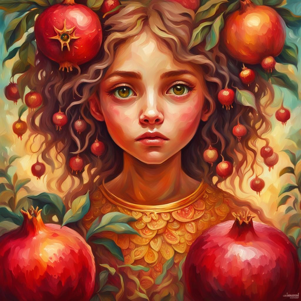 Pomegranate Girl Portrait in Vibrant Oil Painting Style