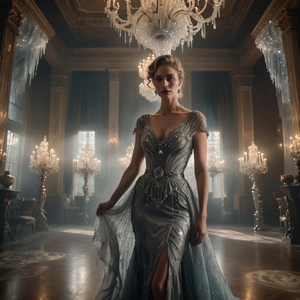 Woman in Crystal Dress in Regency Ballroom
