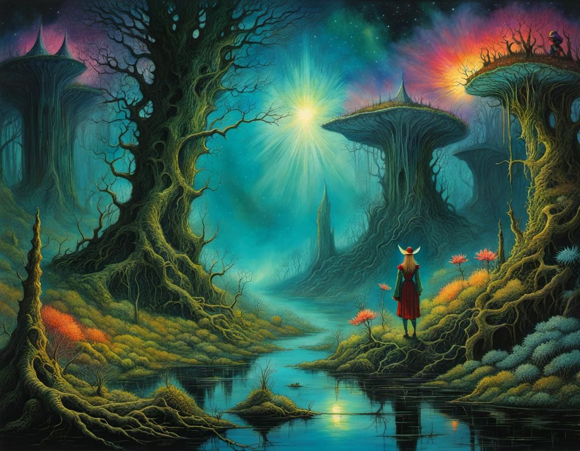 Elf Investigates Shooting Star in Ominous Swamp