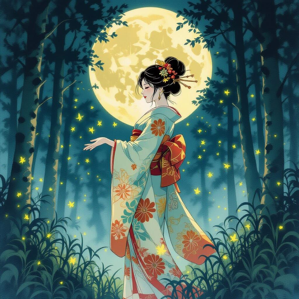 Fireflies Dance in Enchanted Forest: Shin Hanga Style