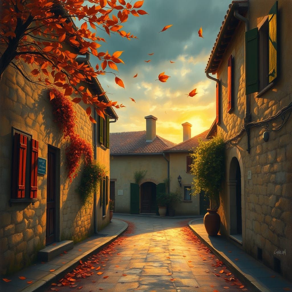 Windy day in a small village in autumn