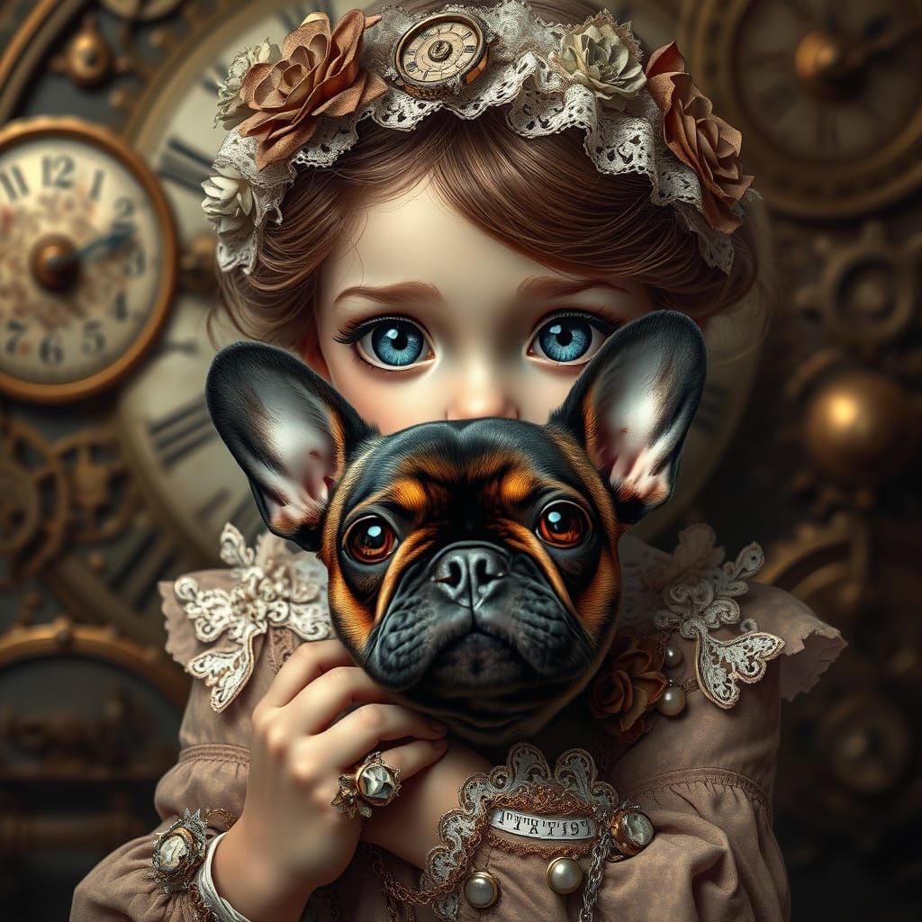 Steampunk Girl with Large Eyes and French Bulldog