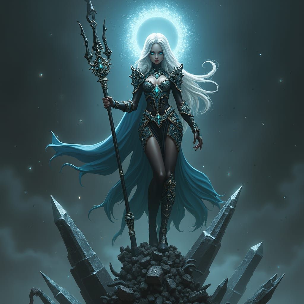 Ethereal Aeldari Godling Amidst Shattered Crystal Ruins