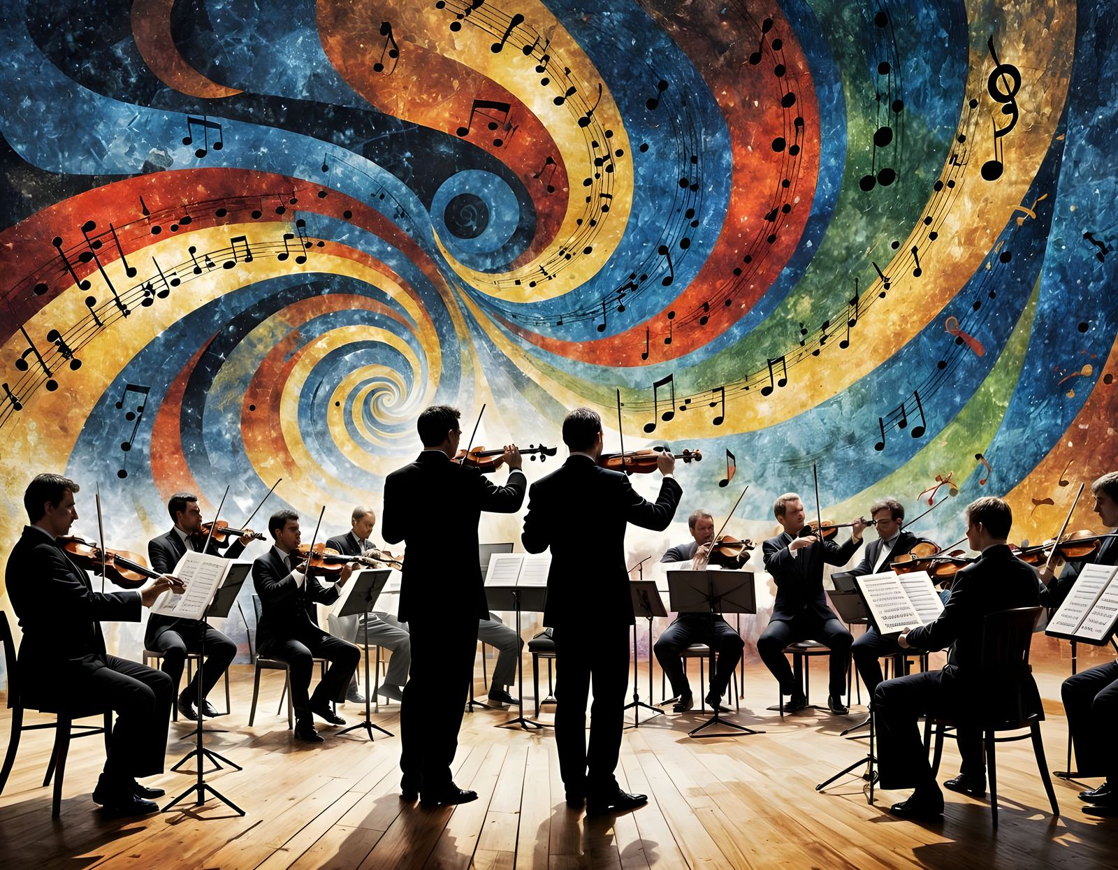 Orchestra Silhouettes with Swirling Music Notes in Post-Impr...